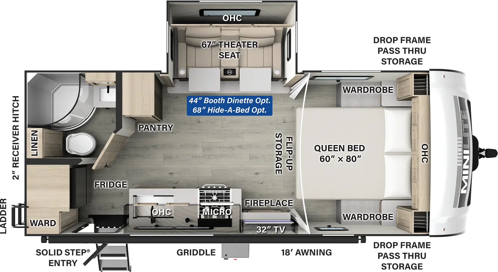 The Rockwood Mini Lite 2205S has one entry and one slide out. Exterior features include: fiberglass exterior and 18' awning. Interiors features include: front bedroom.